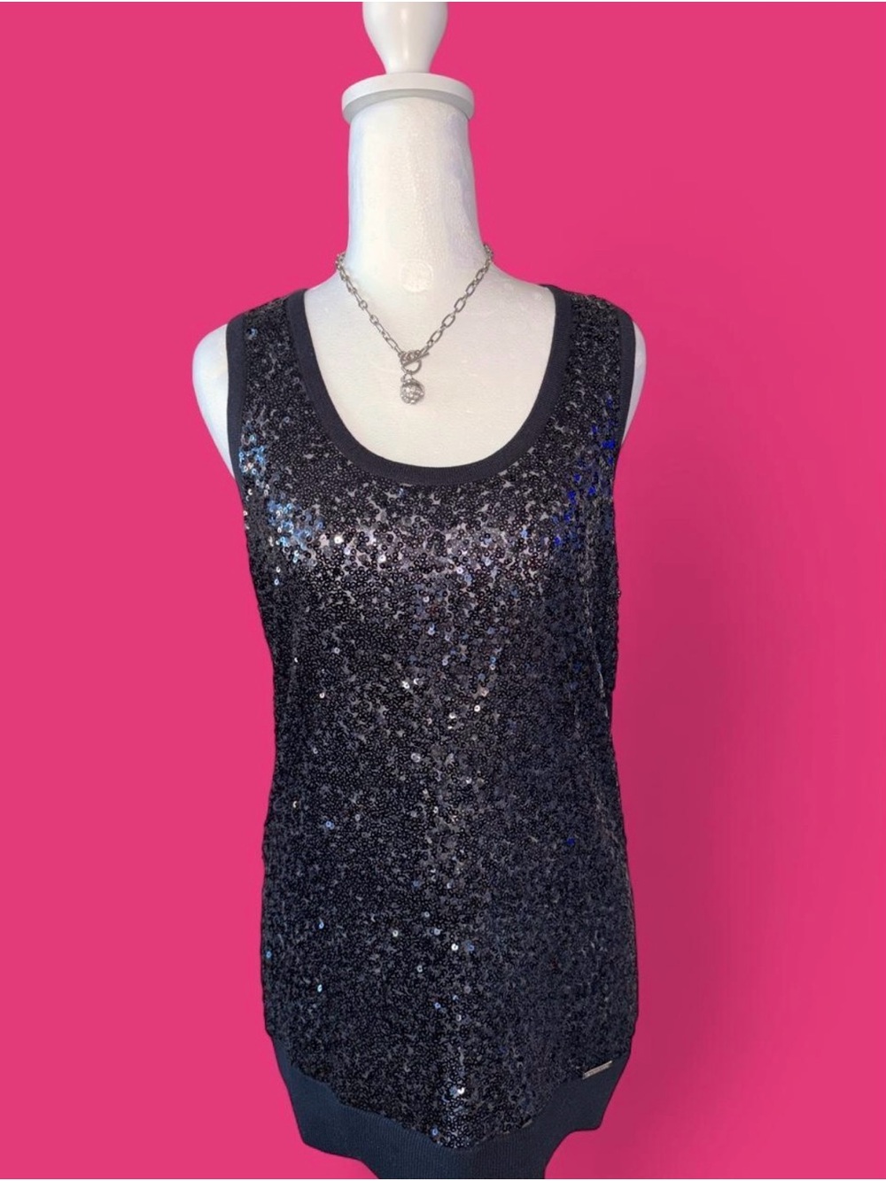 Michael Kors Black Sequin Longline Tunic Top Y2K Style